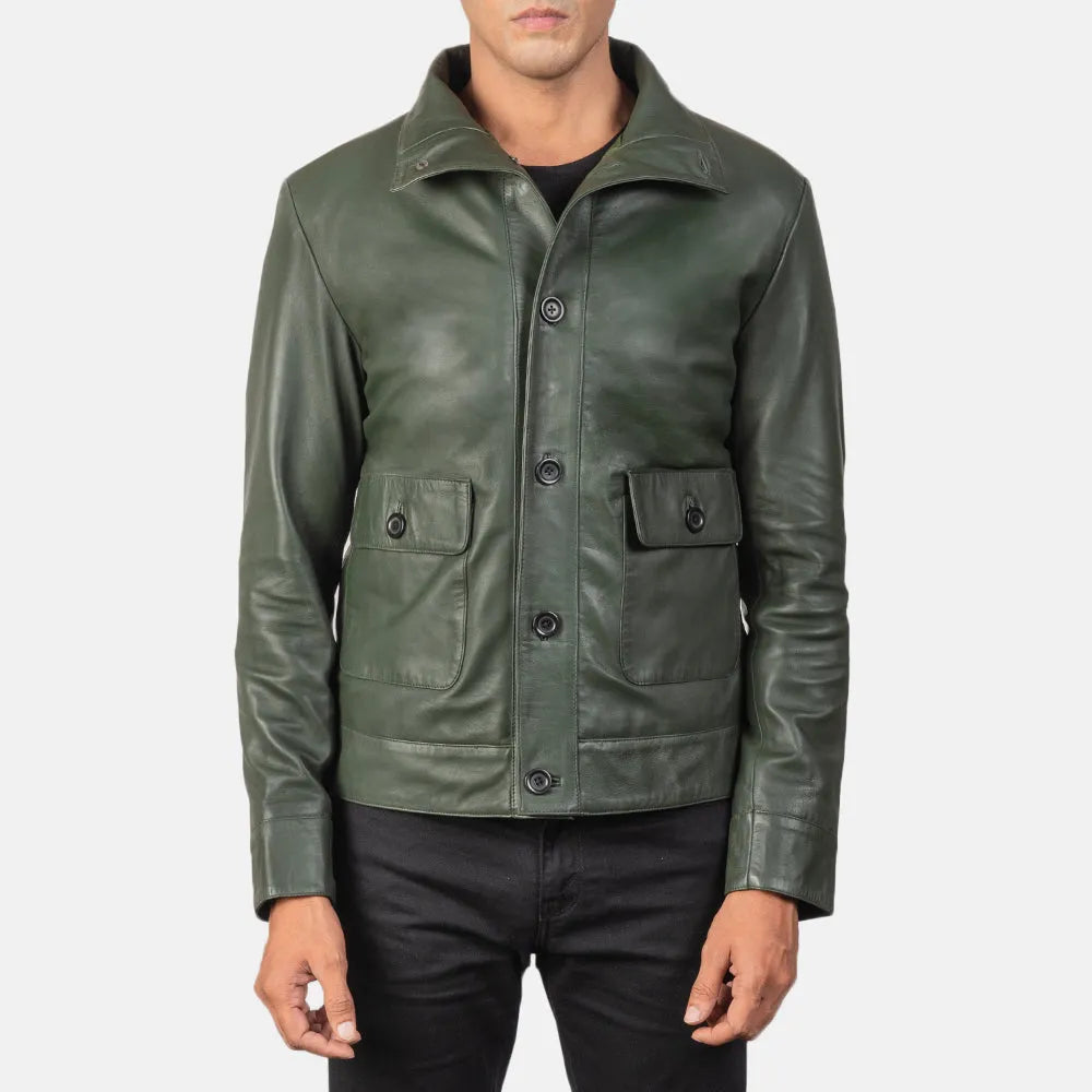 Mens-Green-Leather-Bomber-Jacket-Front-By-SKS-Wholesales