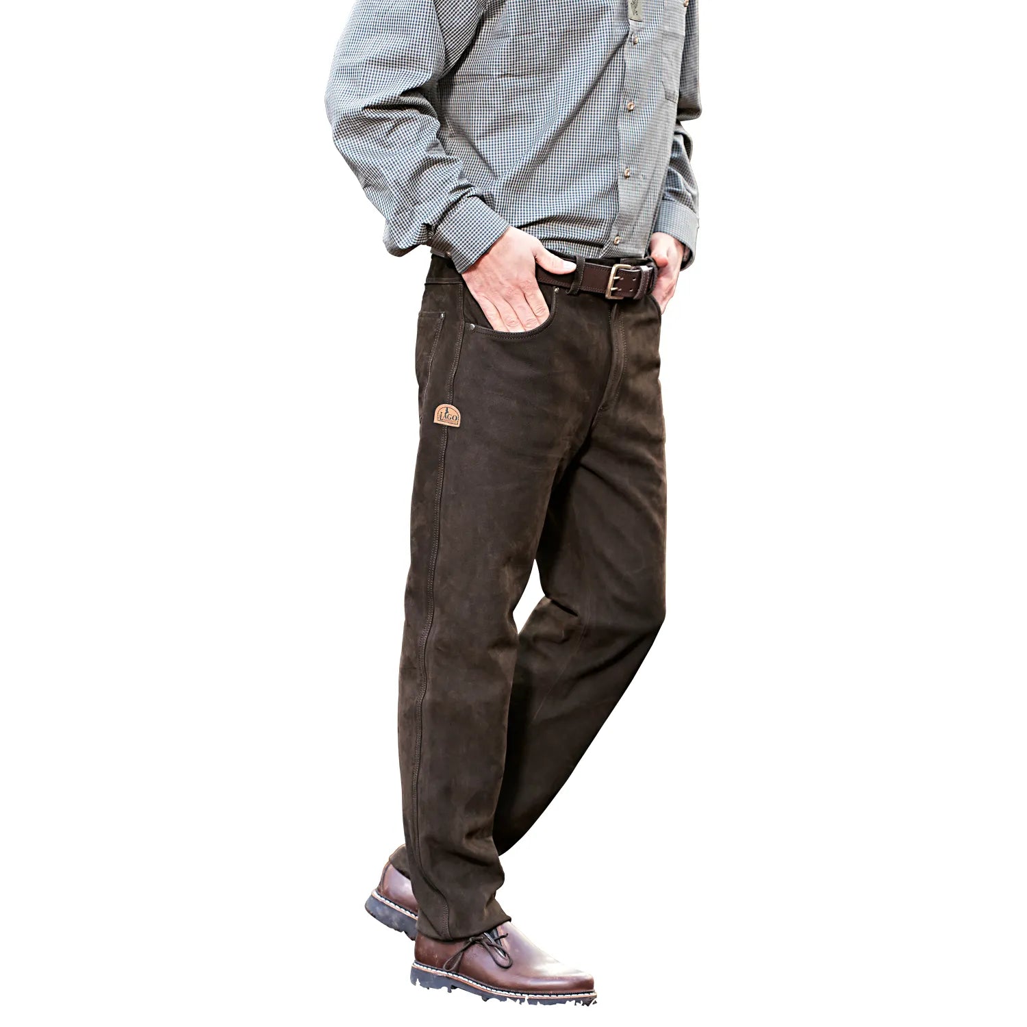 Prestige-mens-nubuck-leather-trousers-front-model-pose-by-SKS-Wholesales