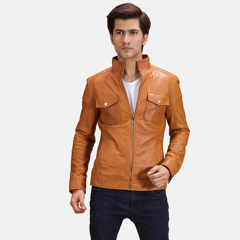 Tan-Leather-Biker-Jacket-Front-By-SKS-Wholesales