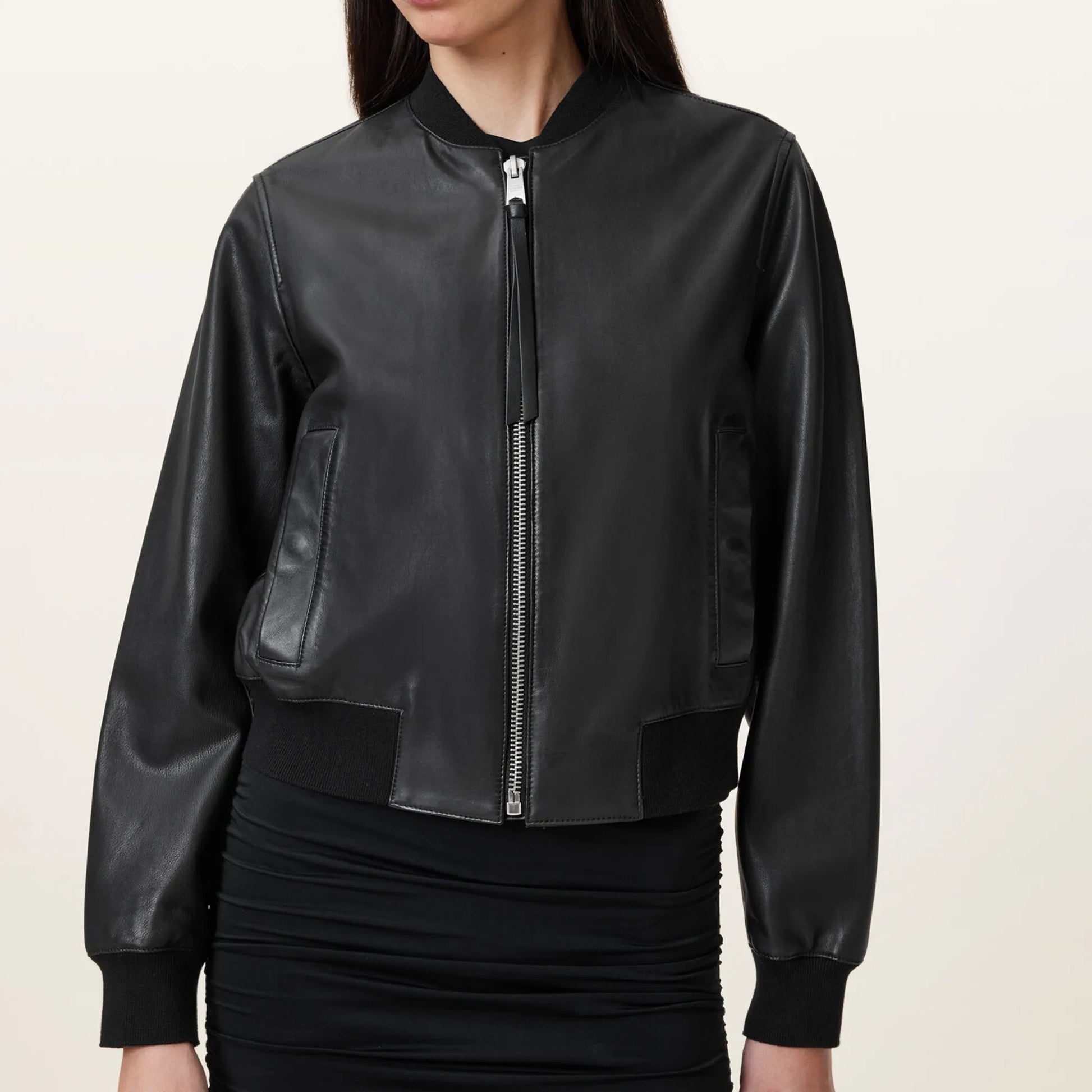 Womens-Black-Leather-Bomber-Jacket-Front-By-SKS-Wholesales