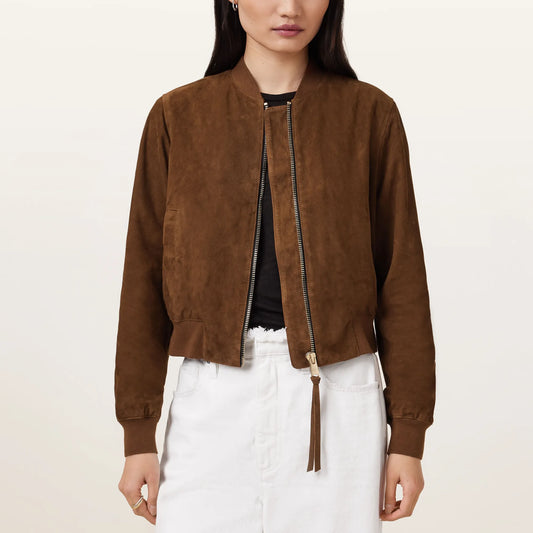 Womens-Brown-Suede-Leather-Bomber-Jacket-Front-By-SKS-Wholesales