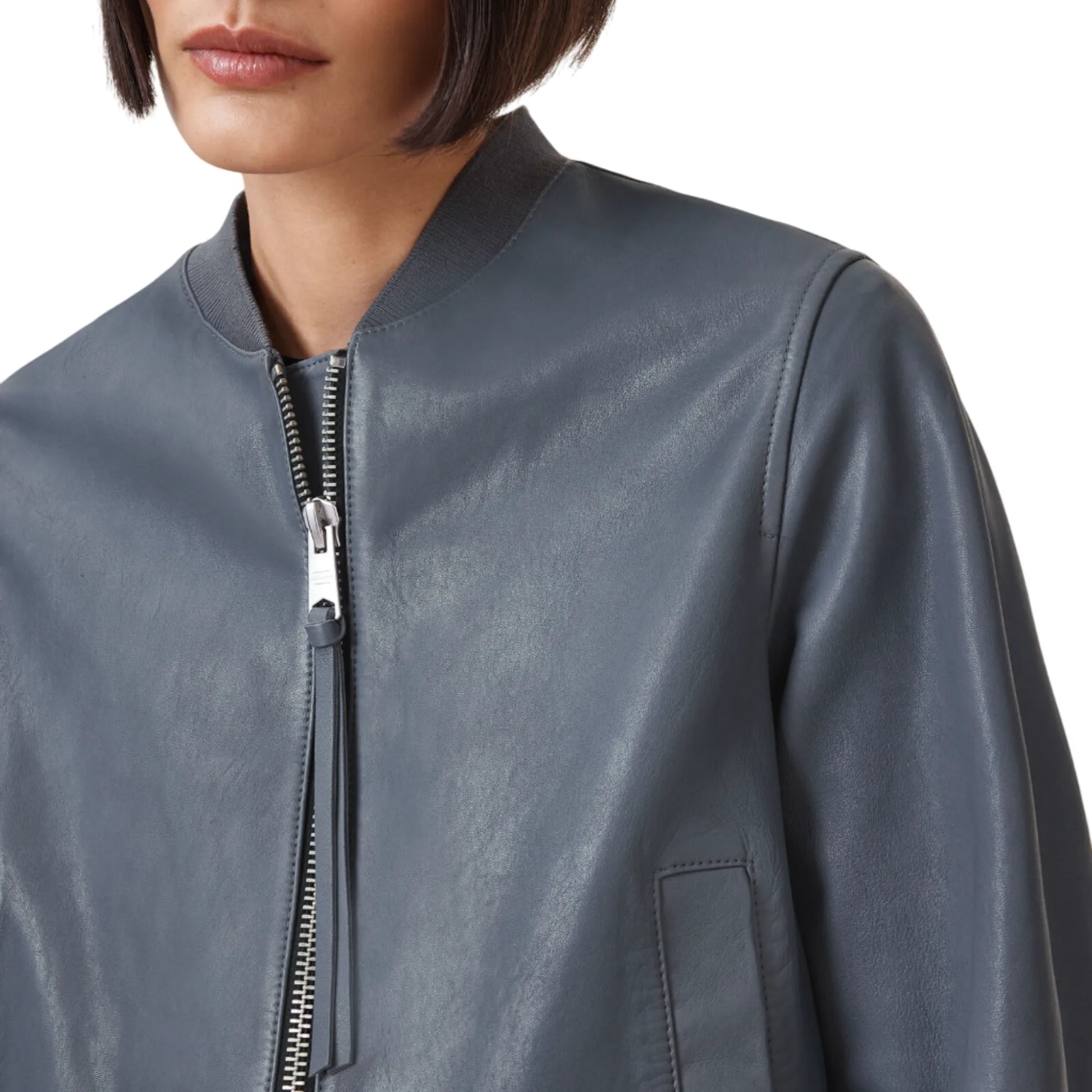 Womens-Grey-Leather-Bomber-Jacket-Front-By-SKS-Wholesales