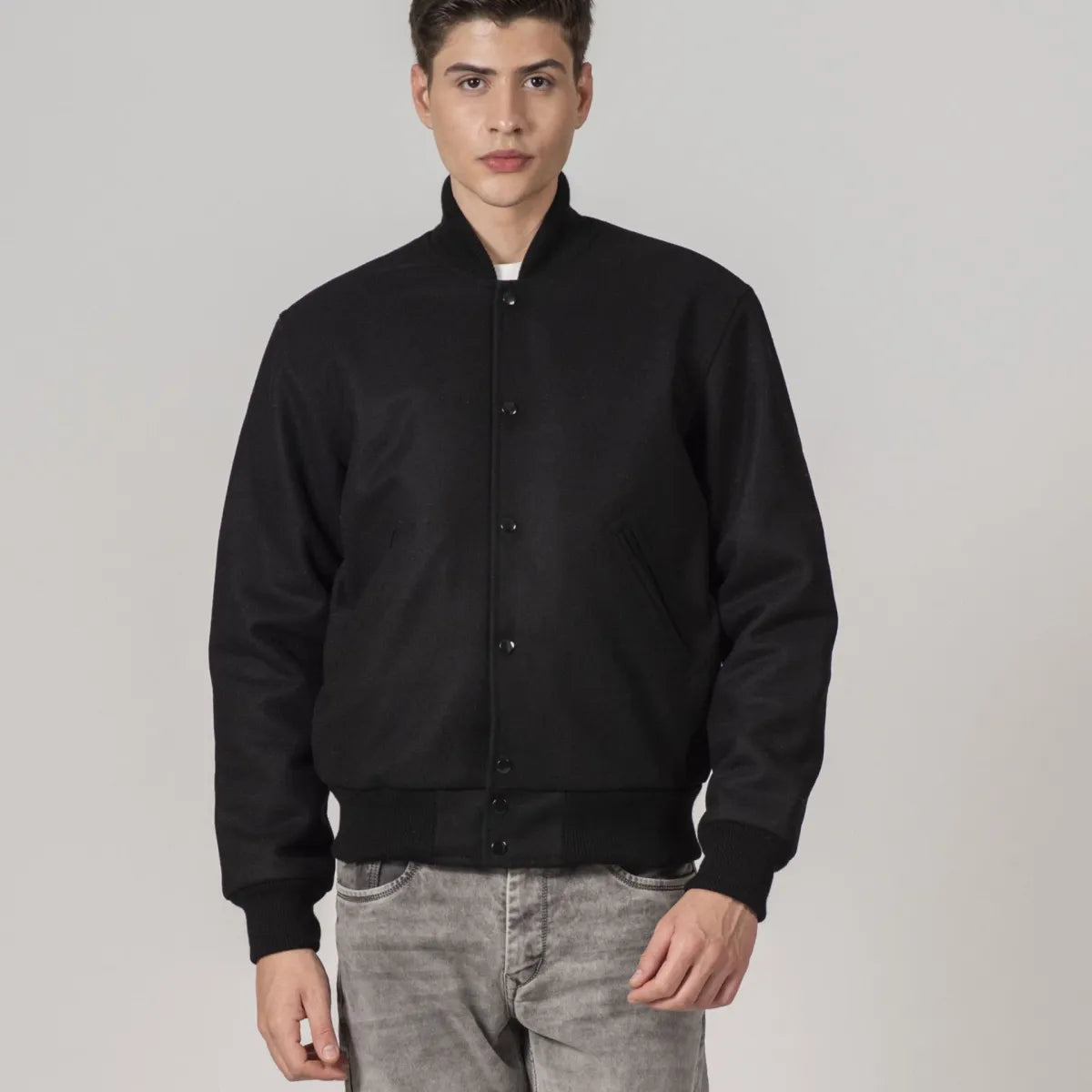 all-black-wool-varsity-jacket-front-closed-by-SKS-Wholesales