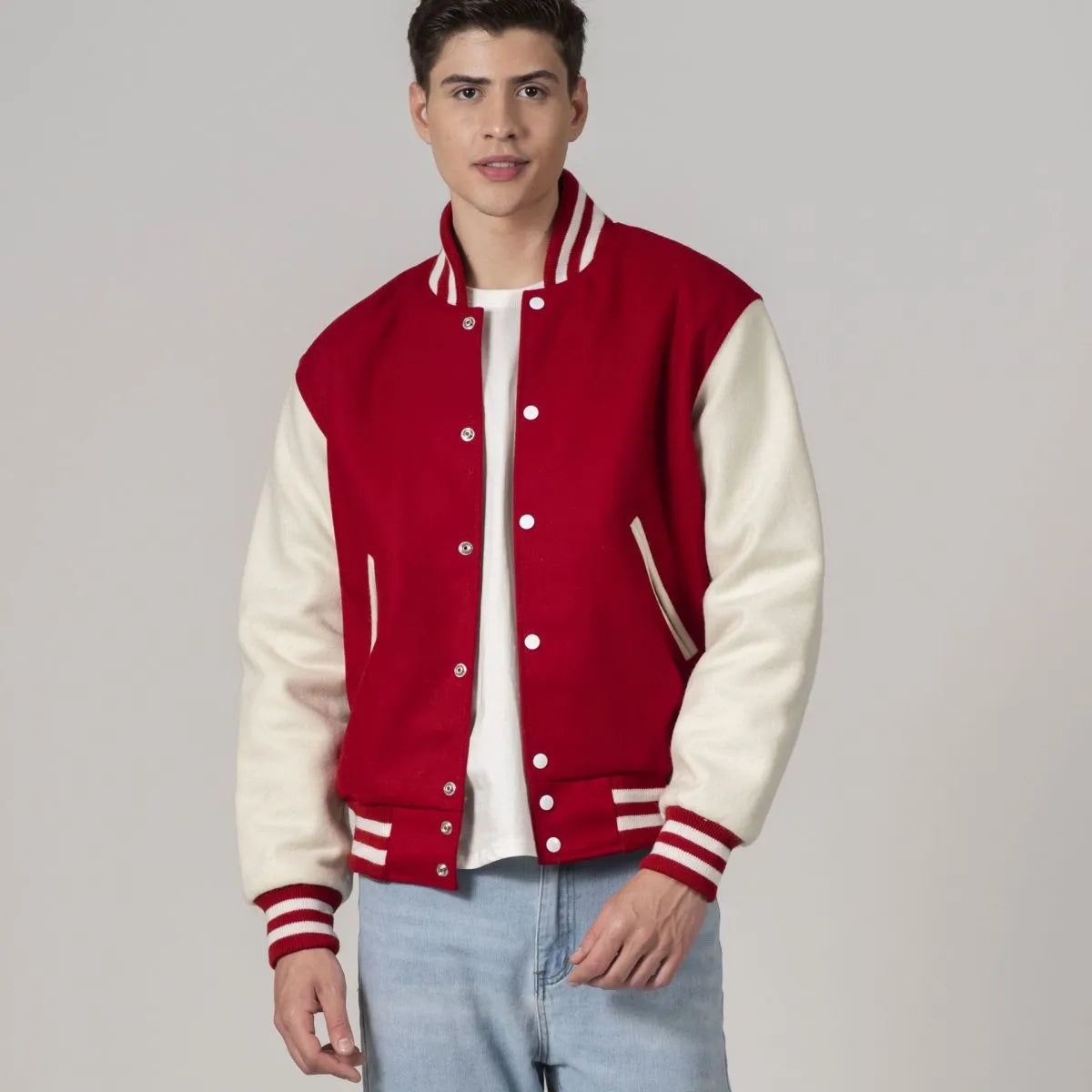 all-wool-red-and-white-varsity-jacket-front-open-by-SKS-Wholesales