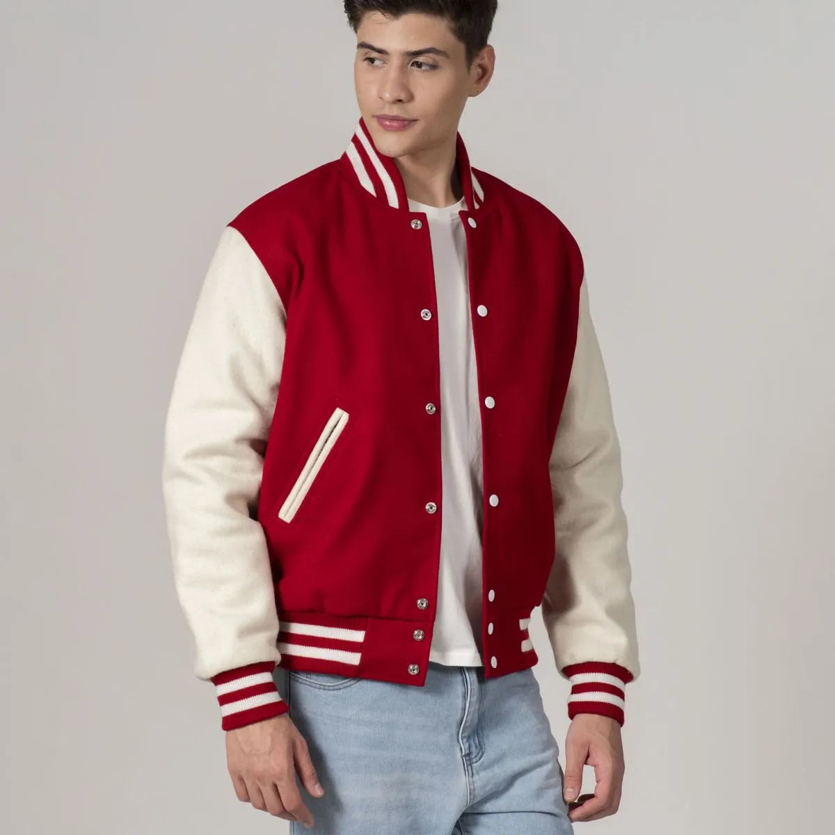 all-wool-red-and-white-varsity-jacket-side-pose-by-SKS-Wholesales