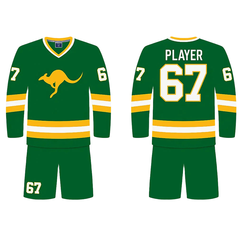 Green sports jersey with kangaroo logo and number 67 on a white background