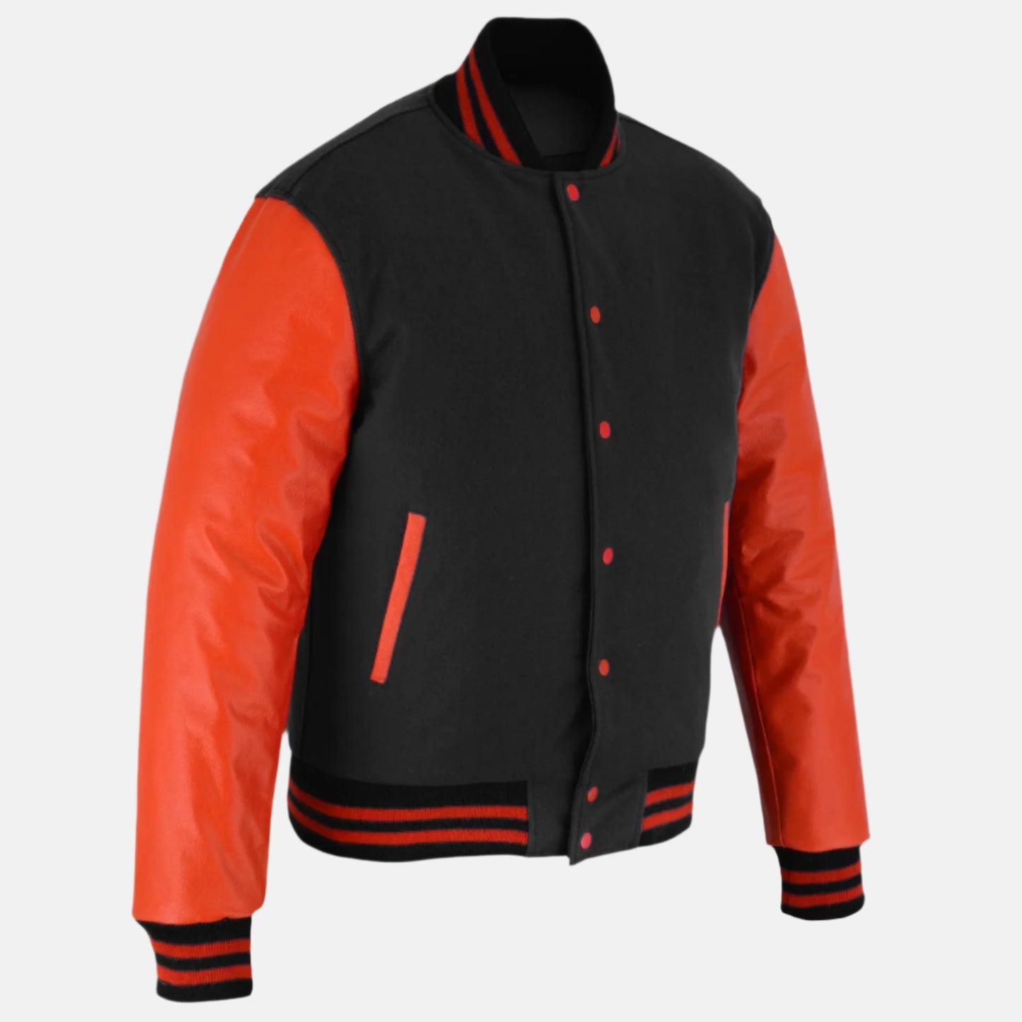 black-and-orange-letterman-jacket-side-pose-by-SKS-Wholesales