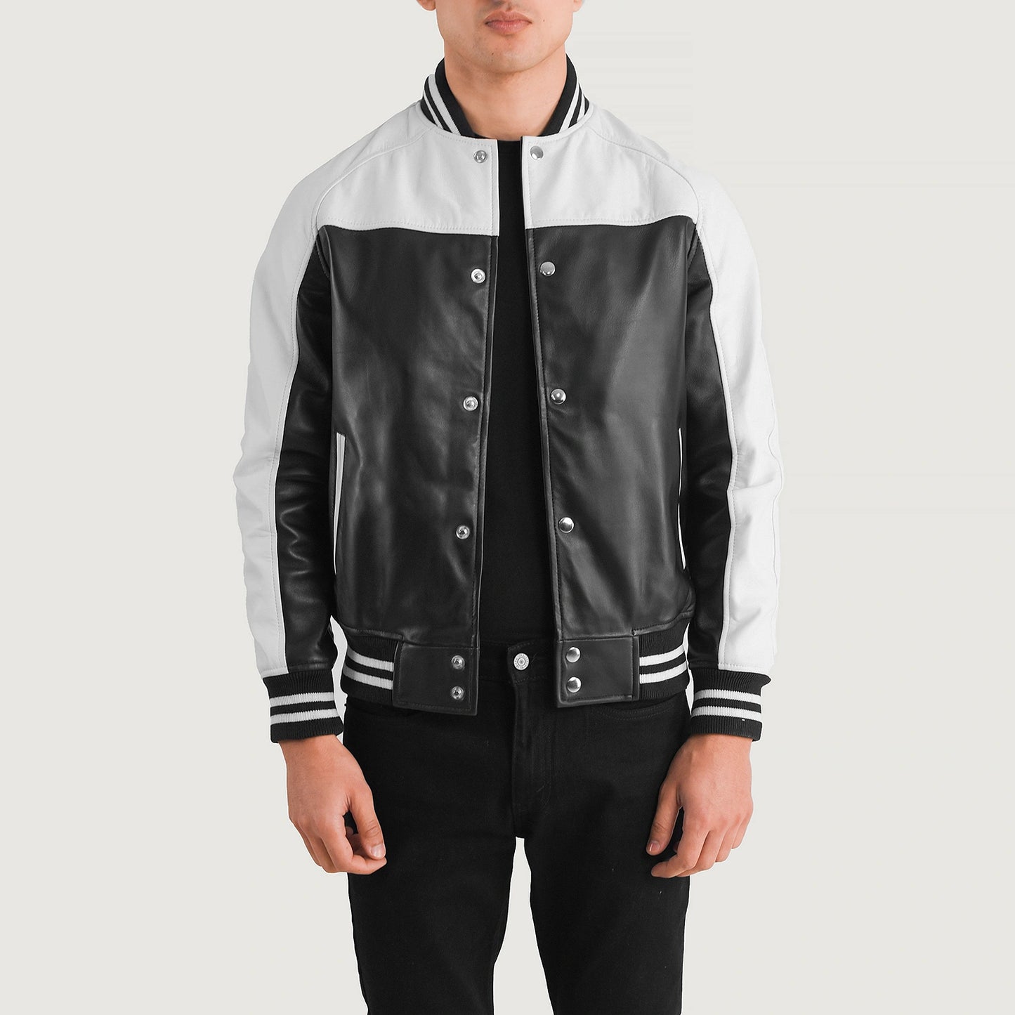black-and-white-leather-varsity-jacket-front-open-by-SKS-Wholesales