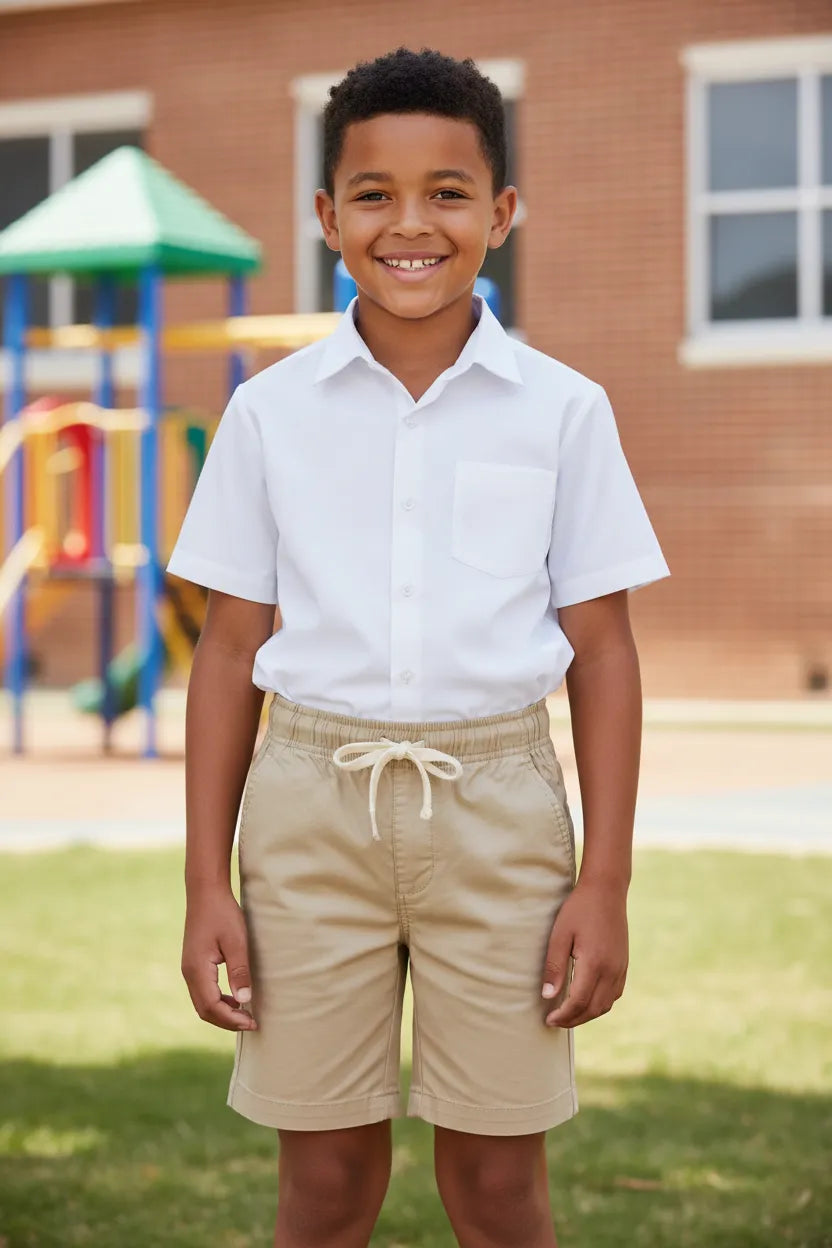 Boys' beige school shorts, front angle