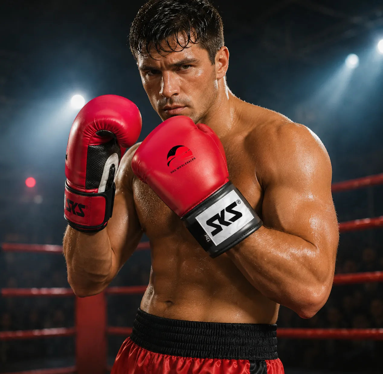 Boxer in red boxing gloves and shorts with SKS branding in a boxing ring.