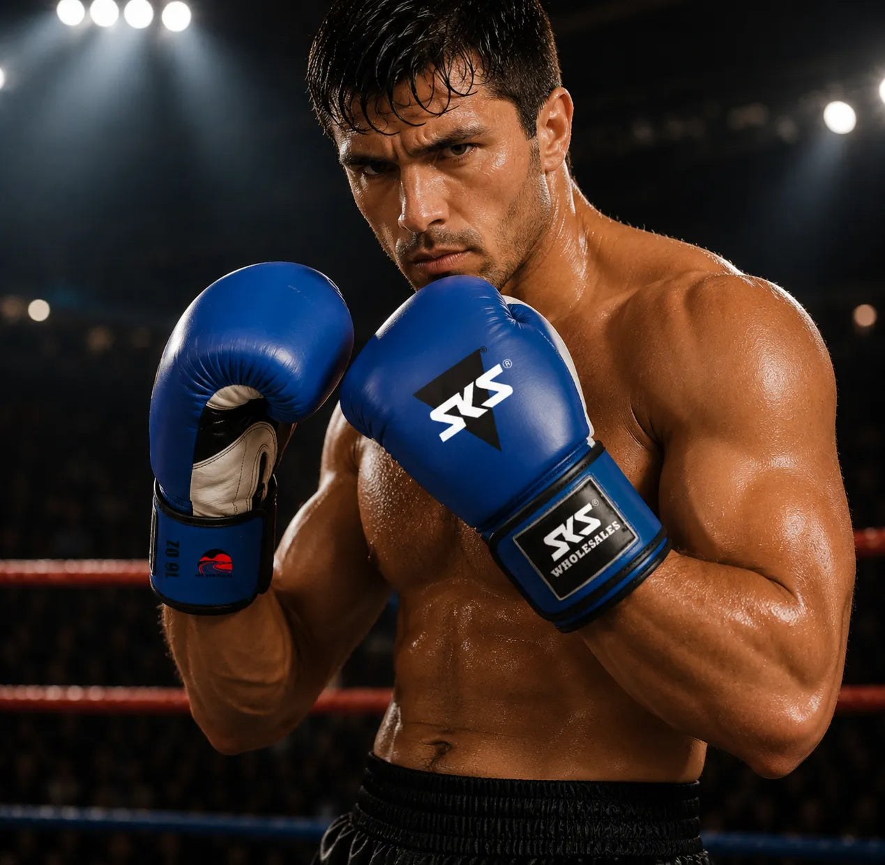Boxer in blue boxing gloves with SKS branding in a boxing ring.