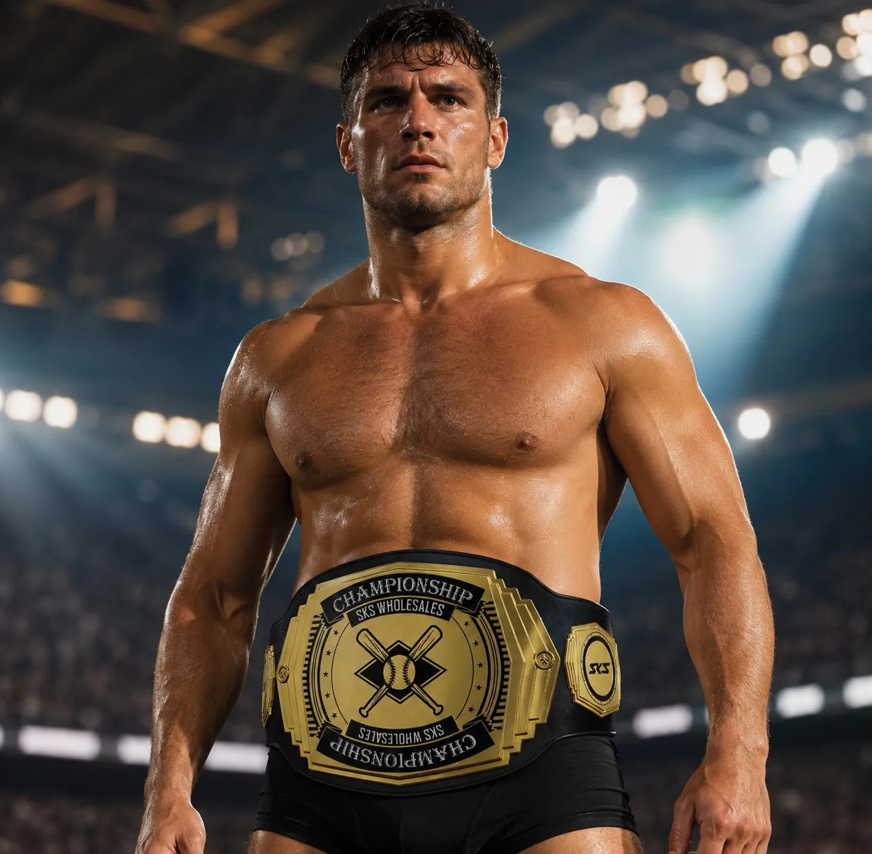 Muscular man wearing a championship belt in a stadium setting