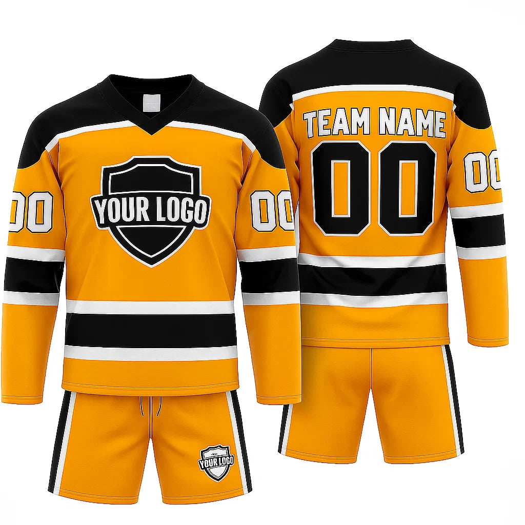 Hockey jersey and shorts set with customizable options on a white background