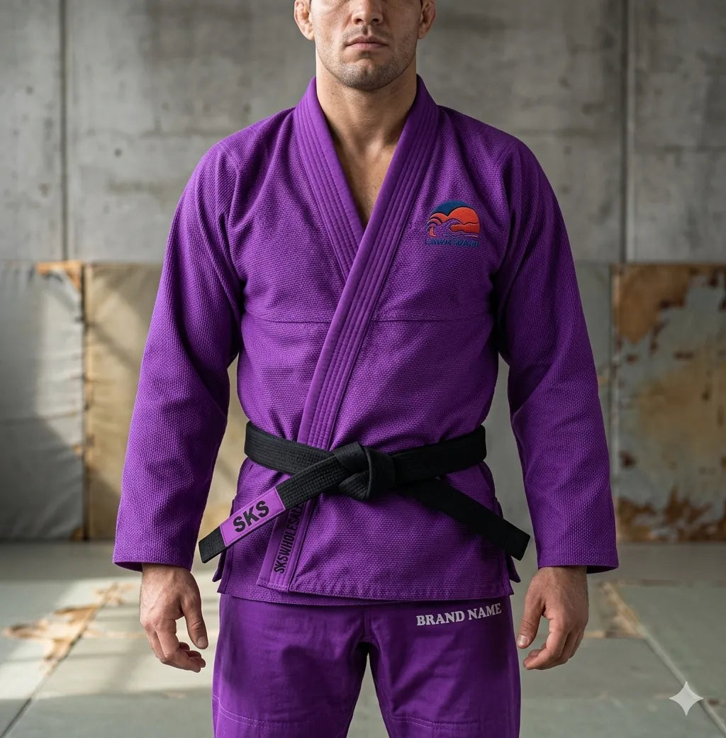 Person wearing a purple martial arts uniform with a brand logo in an indoor setting.