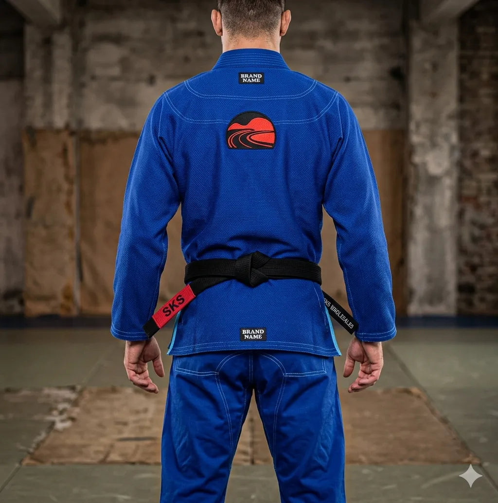Person wearing a blue martial arts uniform with visible branding in an indoor setting.