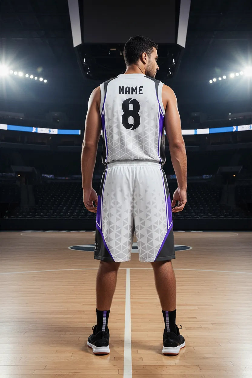 Custom white, black and purple basketball uniform, back view