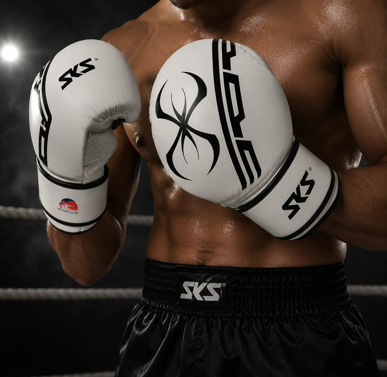 Person wearing white boxing gloves with black logos and SKS branding in a boxing ring.