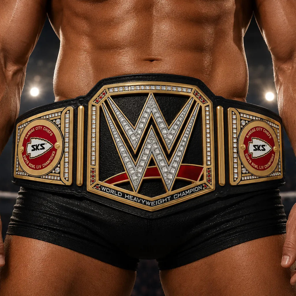 Person wearing a WWE championship belt in a wrestling ring