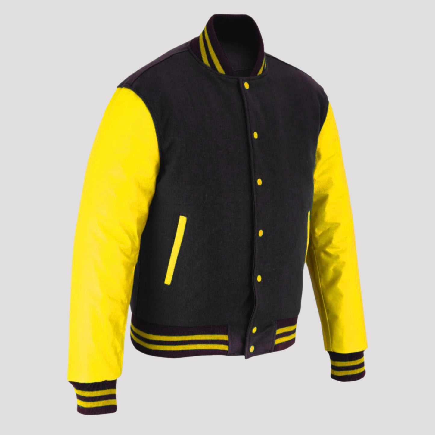 customizable-black-and-yellow-leather-varsity-jacket-side-angle-by-SKS-Wholesales