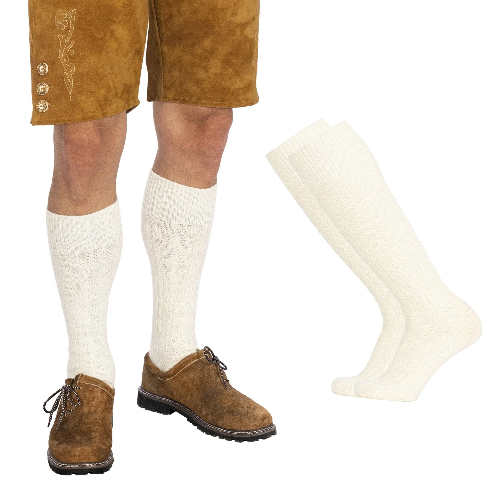 Brown leather shoes and shorts with white socks on a white background