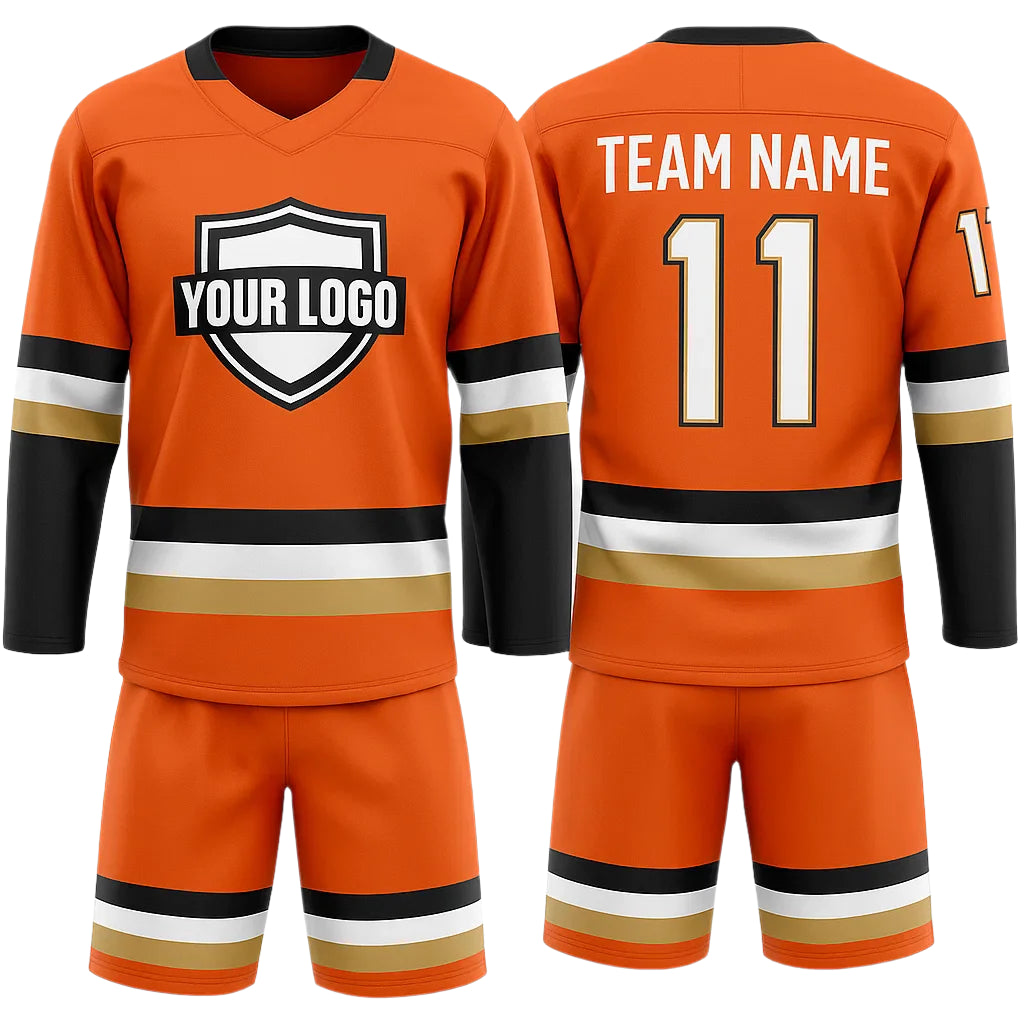 Orange hockey jersey with customizable elements on a gray background