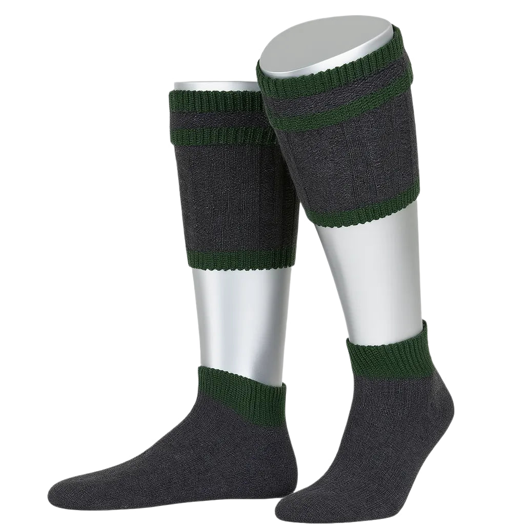 Gray knee-high socks with green stripes on a white background