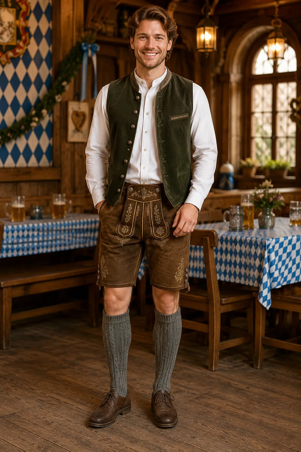 Men's grey lederhosen socks worn by model