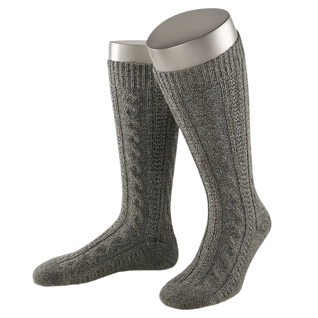 Pair of gray knee-high socks with silver accents on a white background