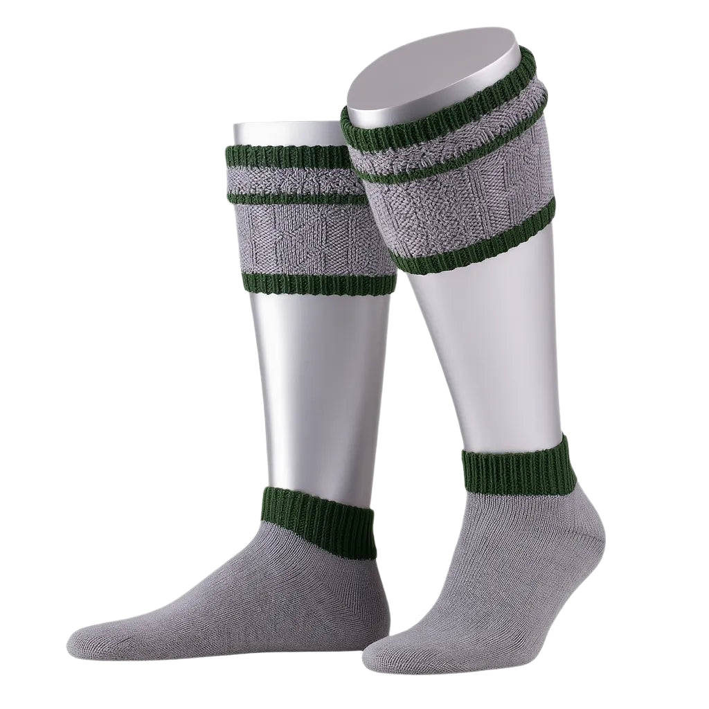 Gray knee-high socks with green ribbed cuffs on metallic stands against a white background