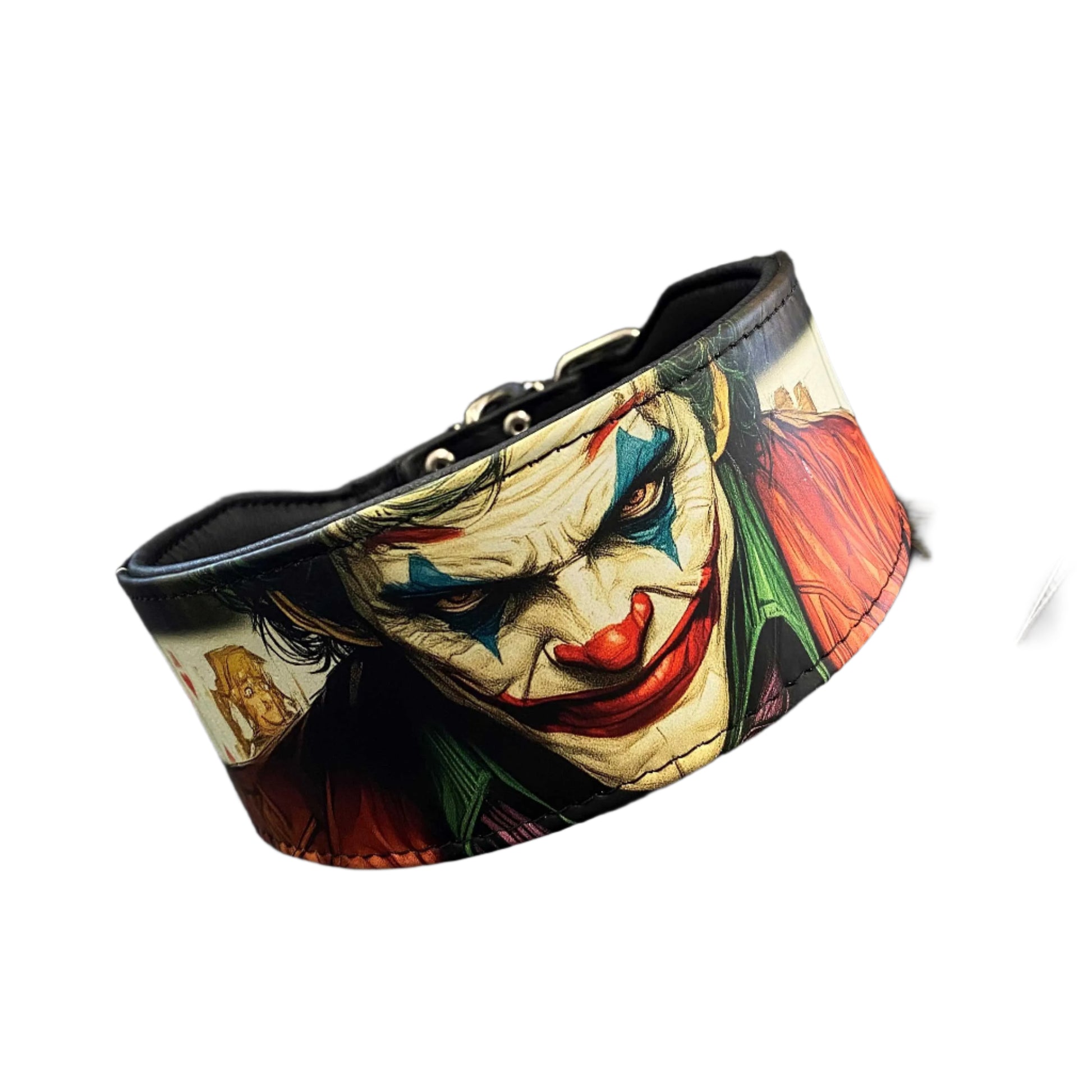 Dog collar with Joker design on a dark background