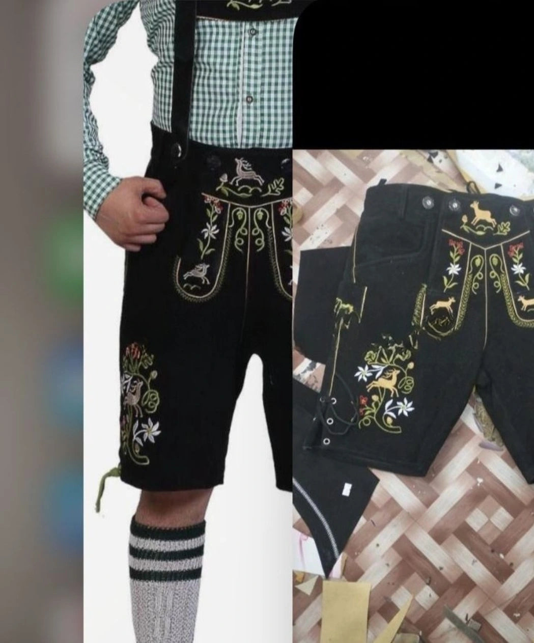 Traditional embroidered lederhosen with checkered shirt and socks on a plain background