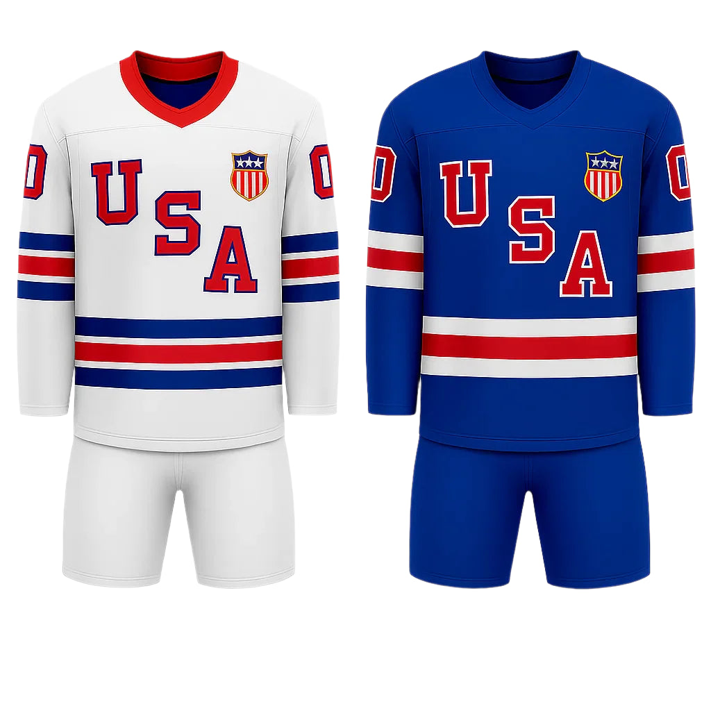 Two sports jerseys, one white and one blue, with 'USA' and an emblem on a white background.