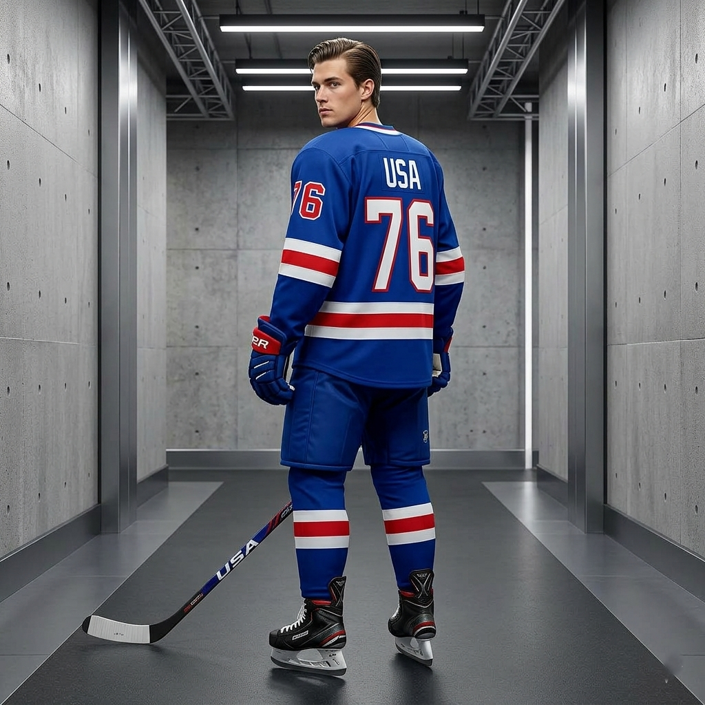 Person wearing a blue hockey jersey with USA and number 76 in a hallway.
