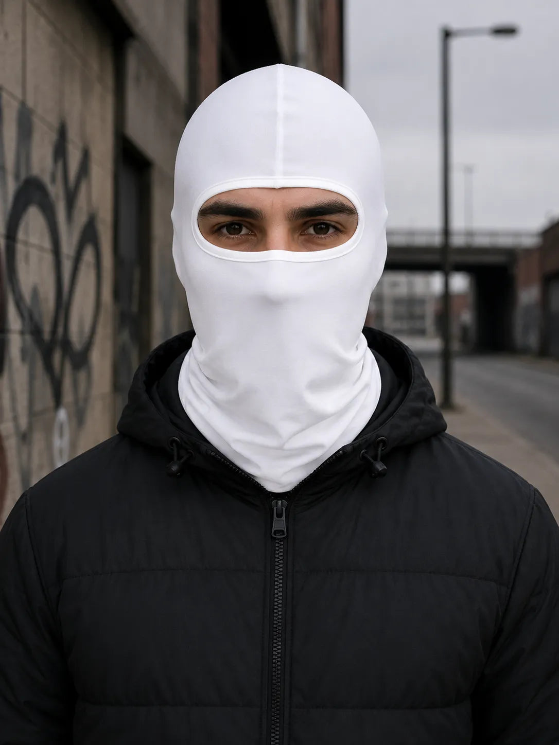 White balaclava worn by model