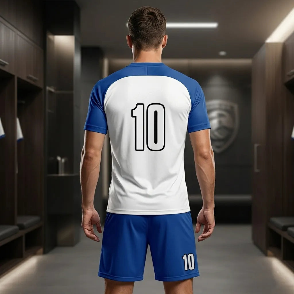 Person wearing a sports jersey with number 10 in a locker room setting