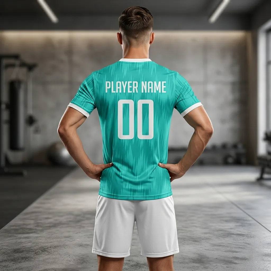 Person wearing a teal sports jersey with 'PLAYER NAME' and '00' printed on the back, standing in an indoor setting.