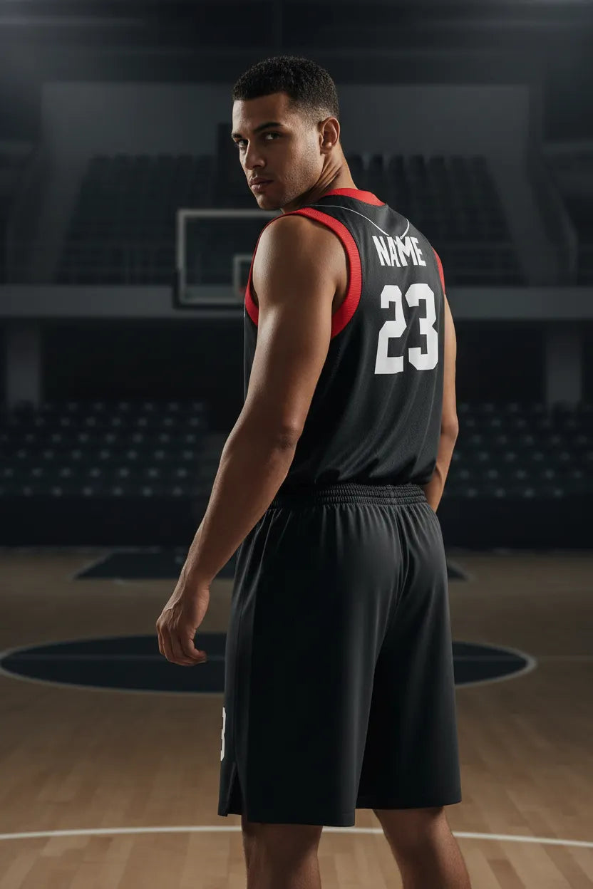 Custom black and red basketball uniform, back view