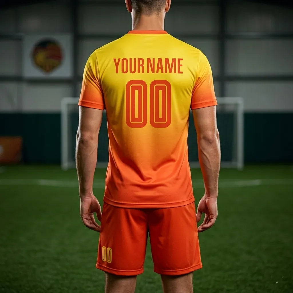 Person wearing an orange and yellow sports jersey with customizable text on a blurred sports field background