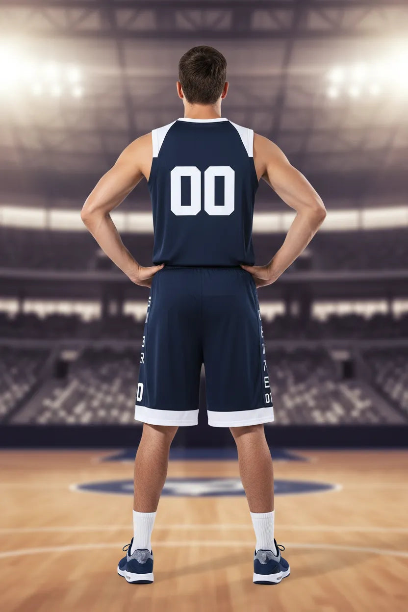 Custom navy blue basketball uniform, back view