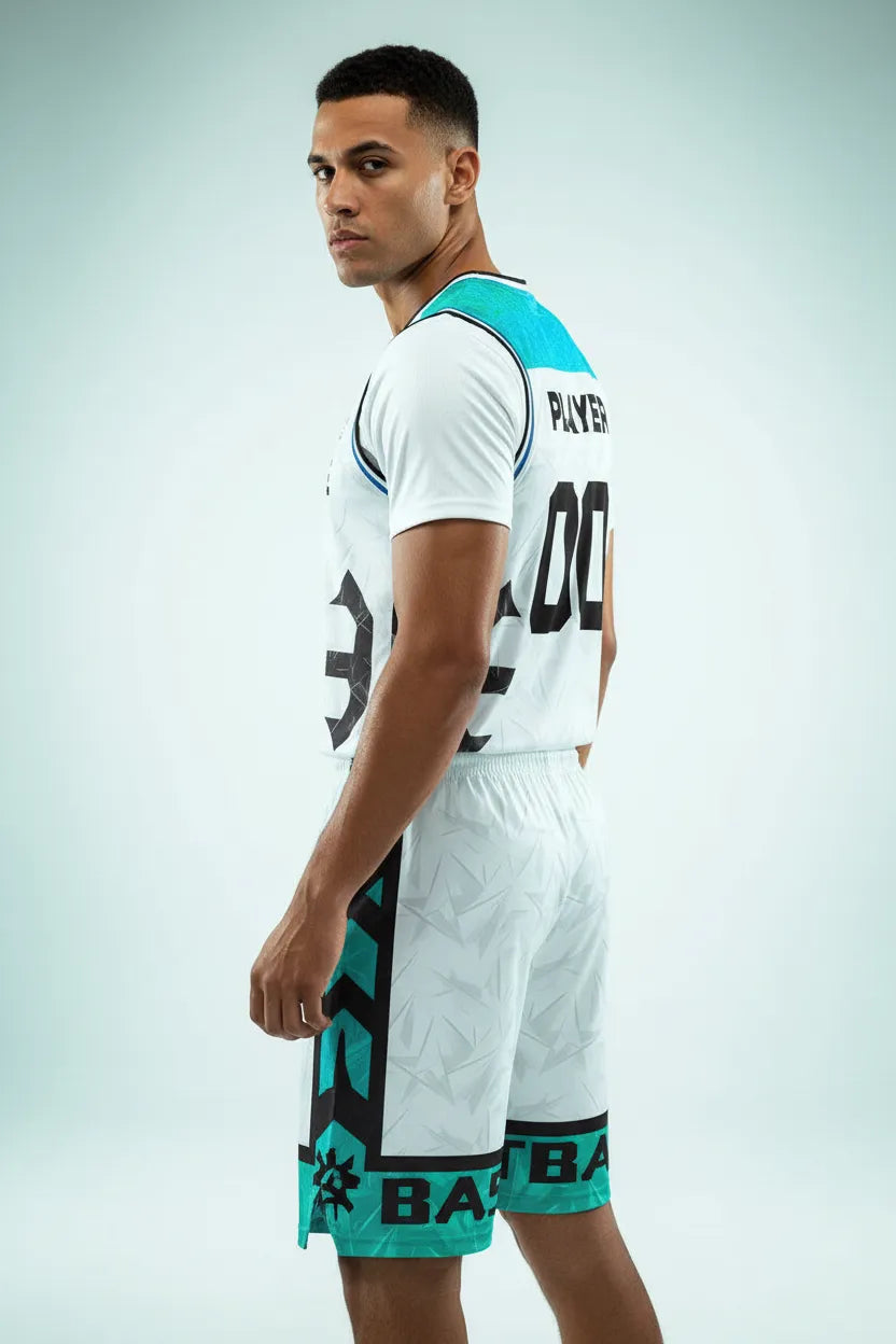 Custom white and aqua basketball uniform, back view