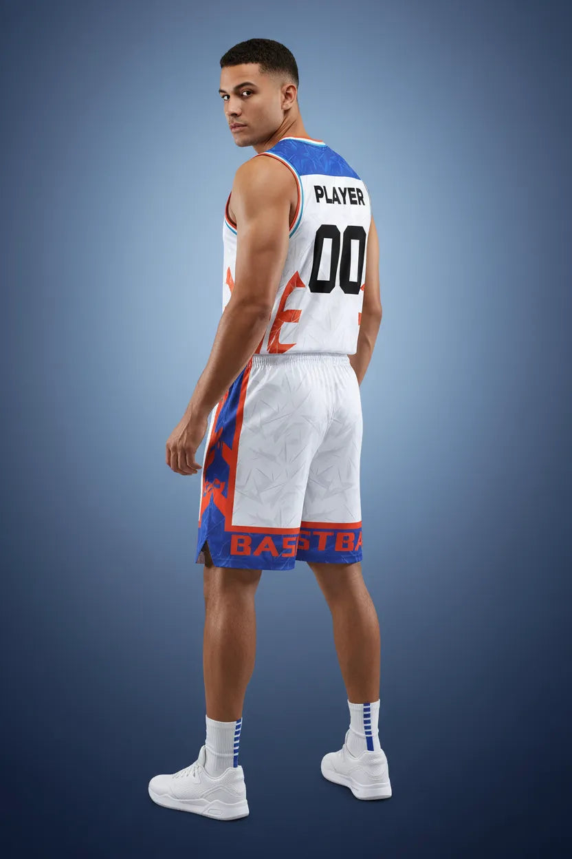 Custom white and blue basketball uniform, back view