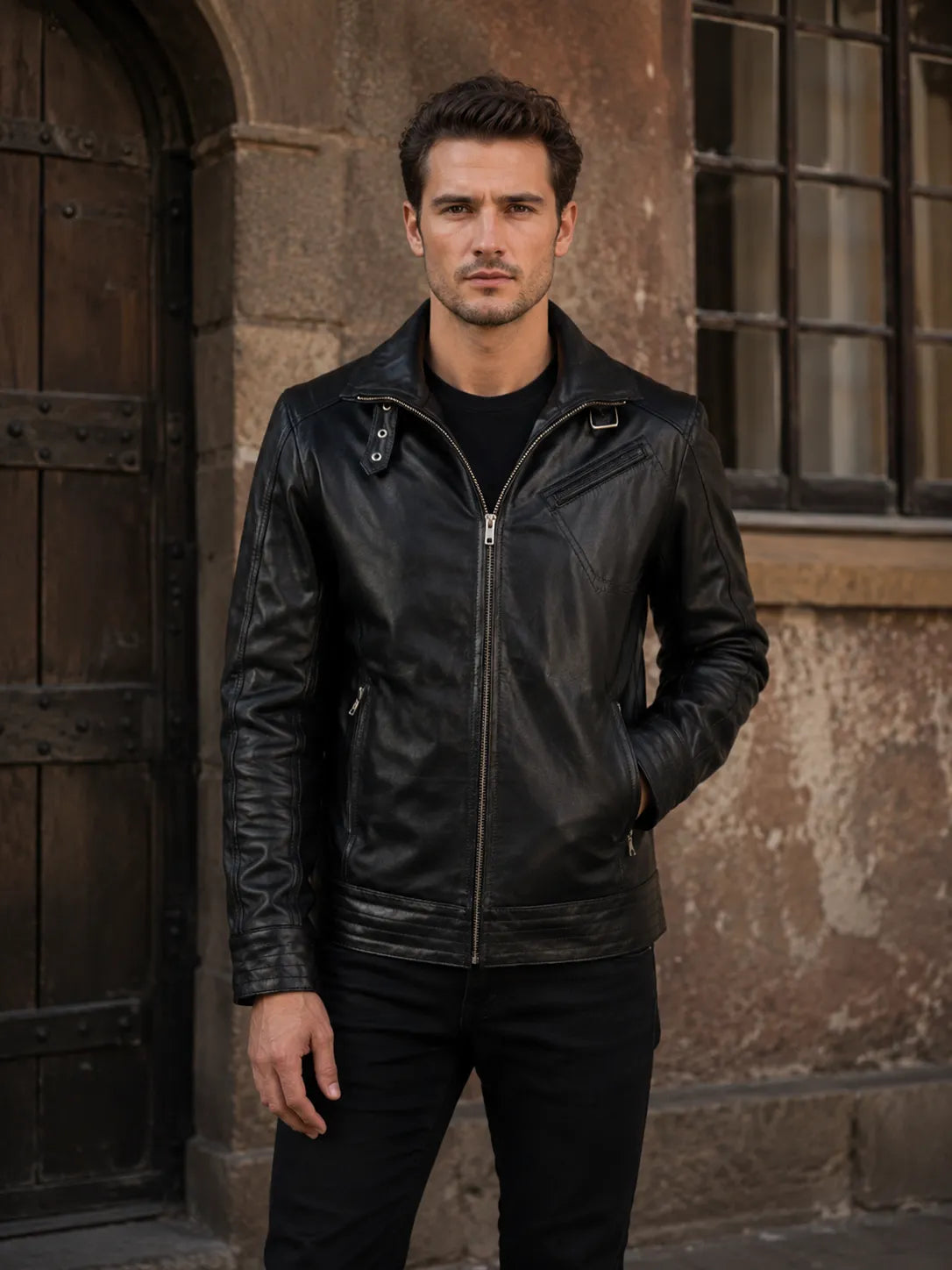 Black leather biker jacket manufactured in bulk by SKS Wholesales