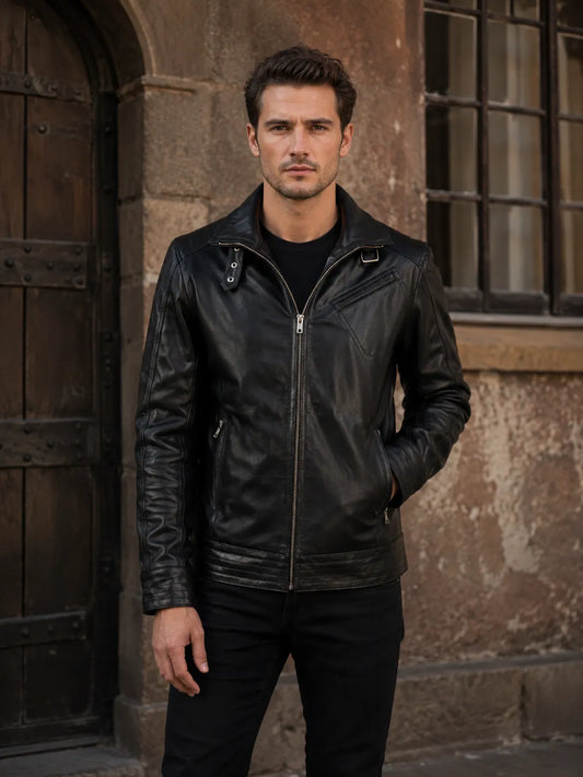 Black leather biker jacket manufactured in bulk by SKS Wholesales