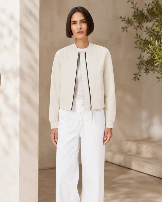 White leather bomber jacket manufactured in bulk by SKS Wholesales