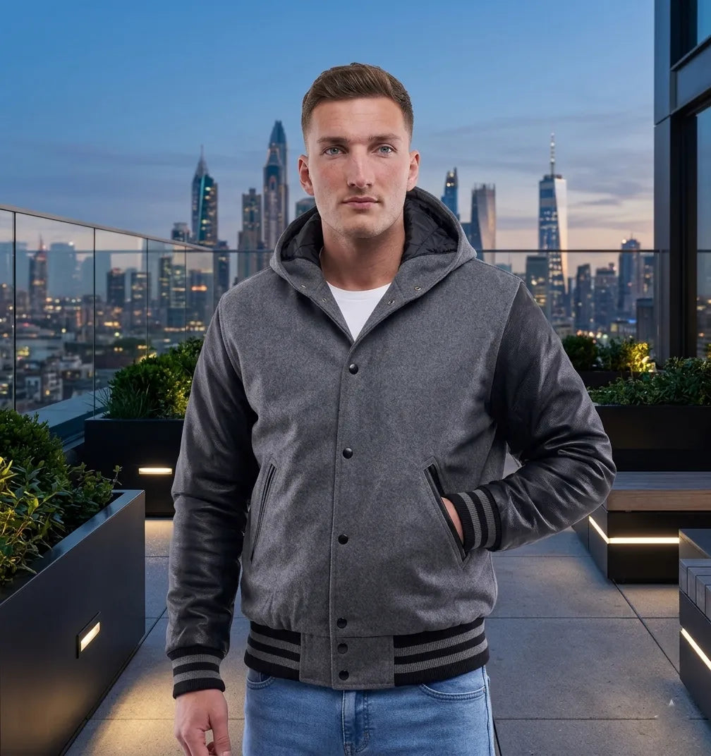 Custom hooded varsity jacket from SKS Wholesales bulk streetwear range
