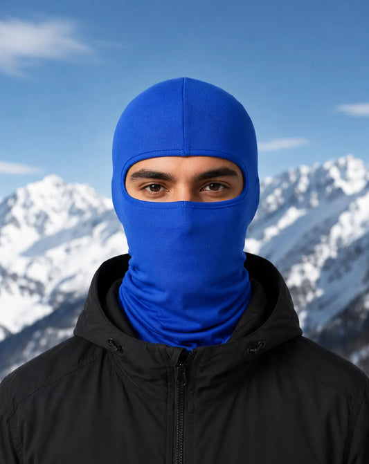 Blue fleece balaclava worn by model