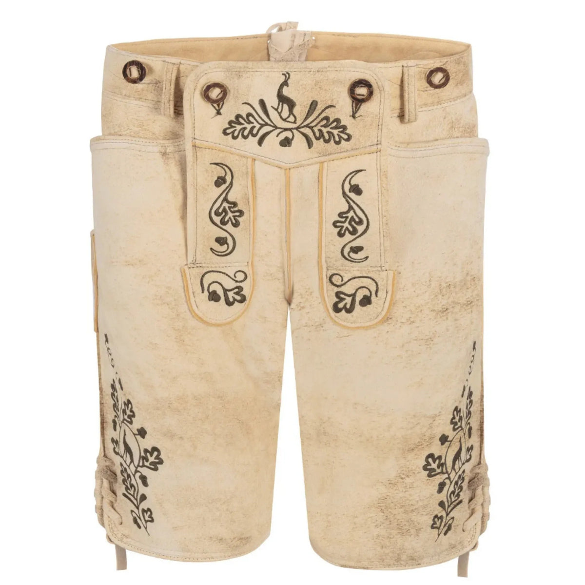 Beige lederhosen with suspenders, front view
