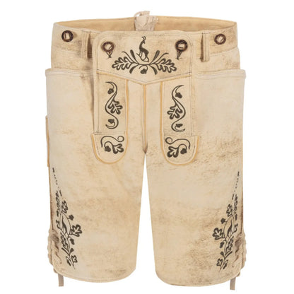 Beige lederhosen with suspenders, front view