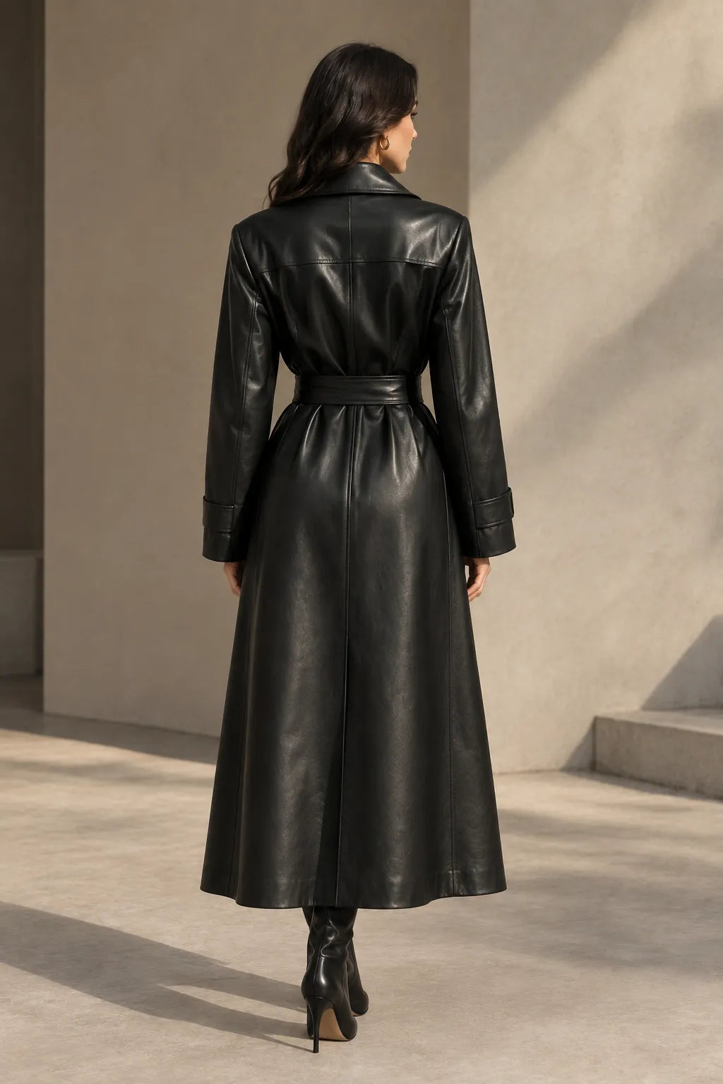 Women's black wrap leather trench coat, back view