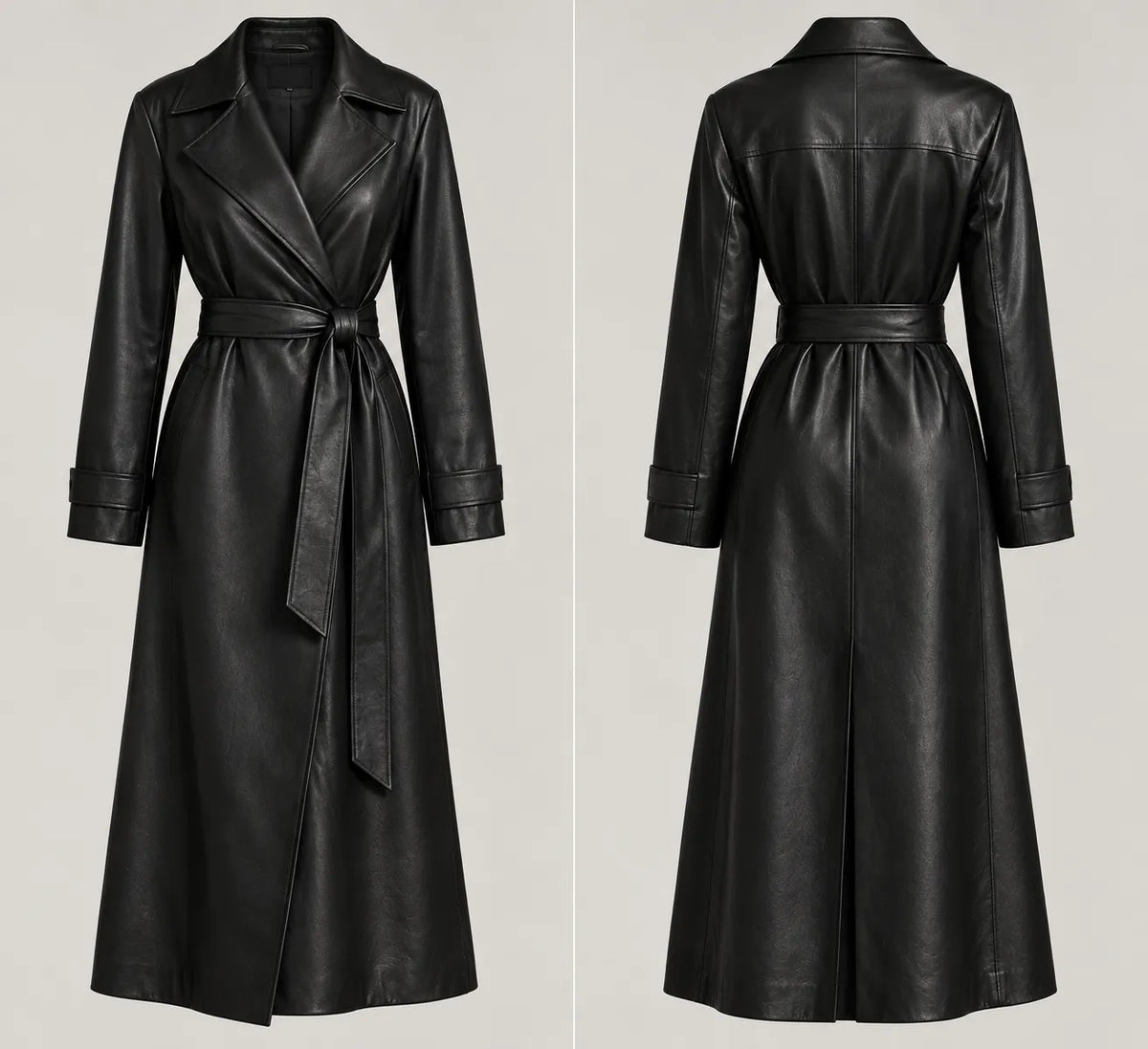 Women's black wrap leather trench coat, long fluid silhouette